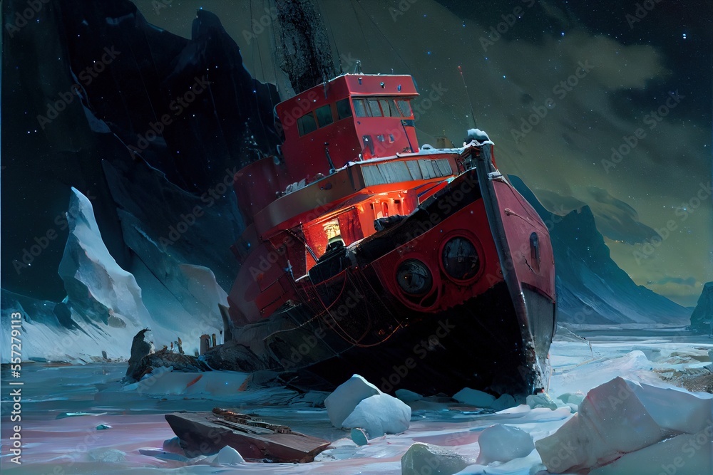 An old ship in the Arctic ice. A ship stuck in the middle of the ice ...