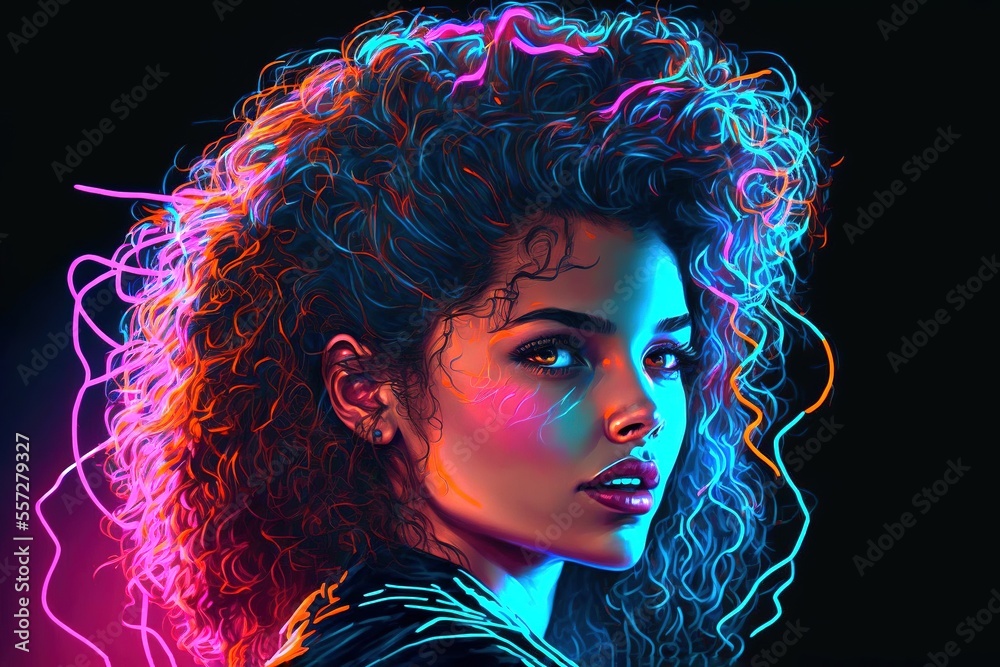 Face of a beautiful 80s style woman with curly hair with colorful neon  lights, generative ai Stock Illustration | Adobe Stock
