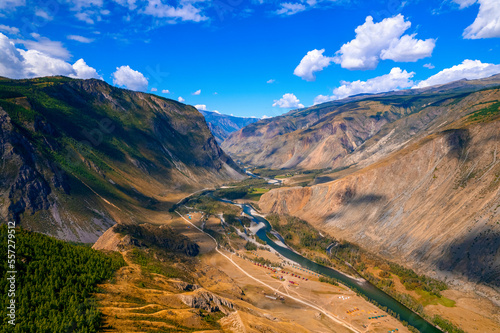 Altai mountains, Katu Yaryk pass Chulyshman river gorge Russia, aerial top view landscape