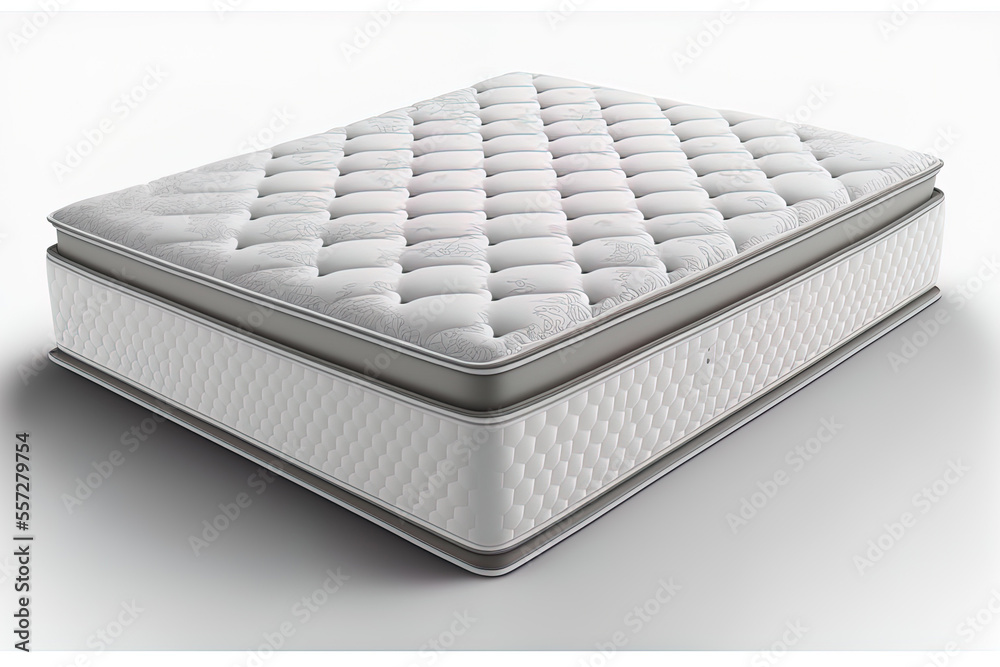 Isolated on white, a double sided queen sized plush pocketed coil mattress. Luxurious Pillow Top Two Sided Innerspring Mattress. Mattress with Washable Tufting, Responsive Springs, and Breathable Bord Isolated on white, a double sided queen sized plush pocketed coil mattress. Luxurious Pillow Top Two Sided Innerspring Mattress. Mattress with Washable Tufting, Responsive Springs, and Breathable Bord