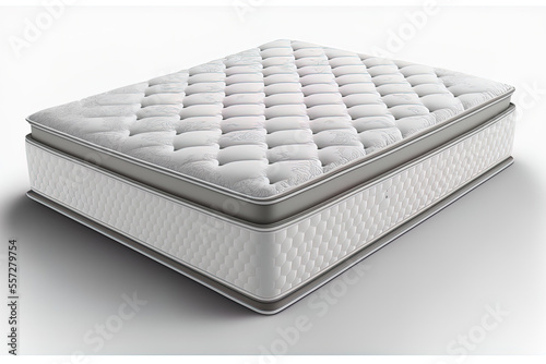 Isolated on white, a double sided queen sized plush pocketed coil mattress. Luxurious Pillow Top Two Sided Innerspring Mattress. Mattress with Washable Tufting, Responsive Springs, and Breathable Bord