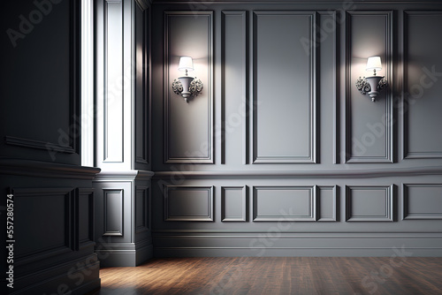 Interior Modern classic gray, wooden floor, wall panels, and molding. mock up for an illustration. Generative AI