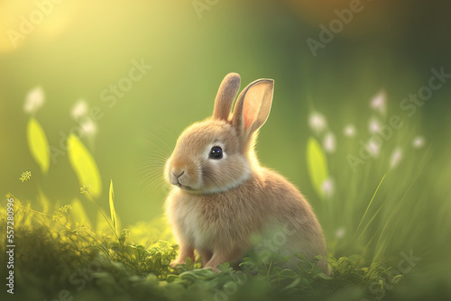 Cute small rabbit in the springtime on the green grass with a bokeh backdrop. Young  cute rabbit having fun in the garden. Generative AI