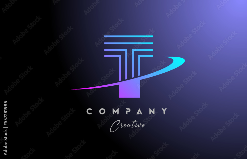 pink blue T alphabet letter logo icon design with swoosh. Creative line template for company and business pink blue T alphabet letter logo icon design with swoosh. Creative line template for company and business