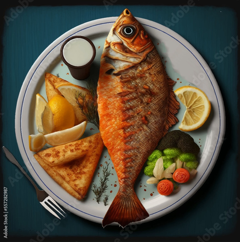 Whole fried fish with rosemary and lemon on a plate. Vector illustration