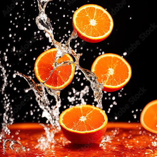 photo of a orange fruits falling into water  - AI Generated