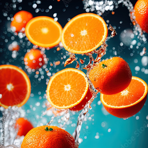 photo of a orange fruits falling into water  - AI Generated