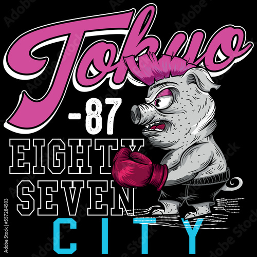 Illustration boxer pig with text Tokyo and number Eighty seven college style Punk hair