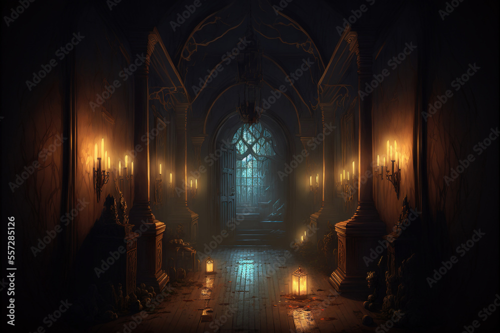 Obraz premium creepy interior of an abandoned building background, concept art, digital illustration, haunted house, scary interior