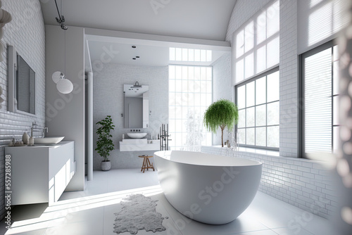 In a contemporary apartment with chic loft style interior design and home dcor  a white bathtub fills with foam water. notion of a spa  relaxation selected soft focus. Generative AI