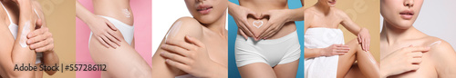Wallpaper Mural Collage with photos of women applying body cream on different color backgrounds, closeup. Banner design Torontodigital.ca