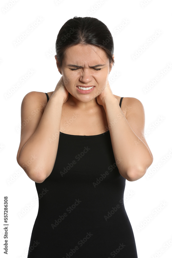 Young woman suffering from neck pain on white background Young woman suffering from neck pain on white background