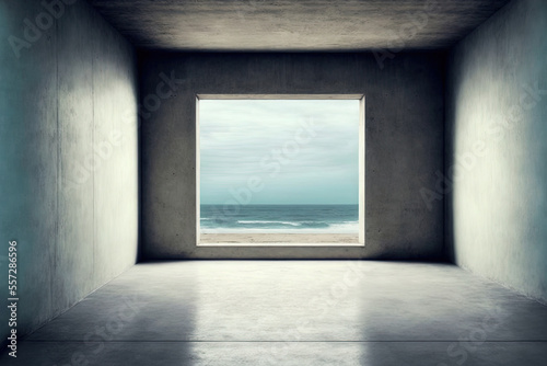 Industrial interior backdrop template abstract vacant  contemporary concrete room with opening with ocean view on the rear wall and rough floor . Generative AI