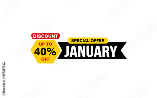40 Percent JANUARY discount offer, clearance, promotion banner layout with sticker style. 