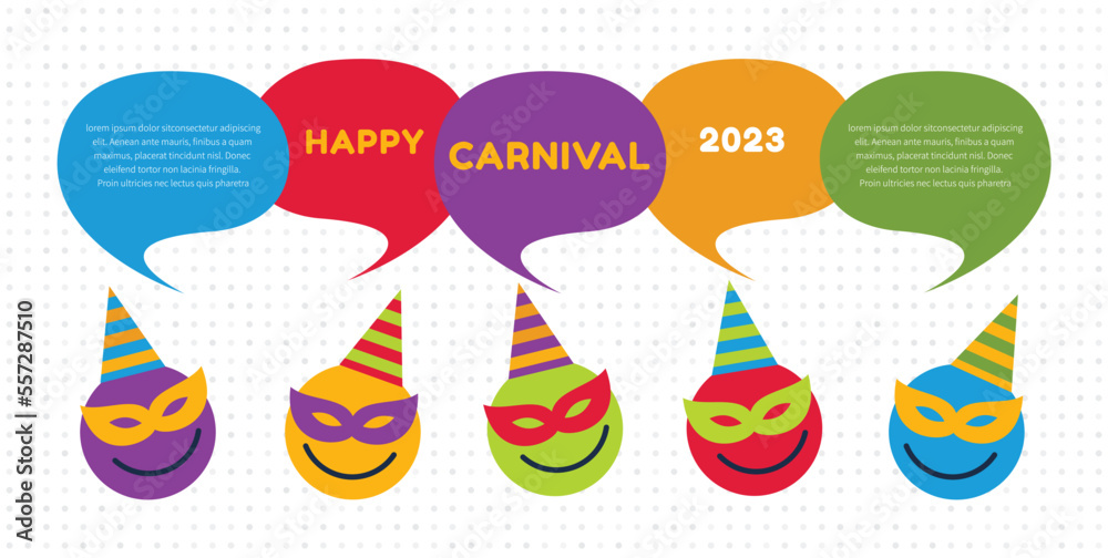 Happy Carnival. Colorful emoji icons with communication speech bubbles. Carnival concept design. Vector illustration.
