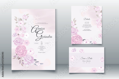  romantic Wedding invitation card template set with beautiful  floral leaves Premium Vector