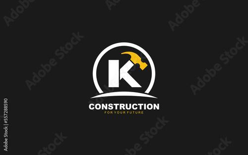 K logo construction vector for woodworking company. initial letter hammer template vector illustration for your brand.