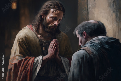 Wallpaper Mural Christian guy praying to Jesus Christ while godasian man offers blessings. Generative AI Torontodigital.ca