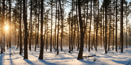 Sunrise in snowy winter forest landscape. Generative AI