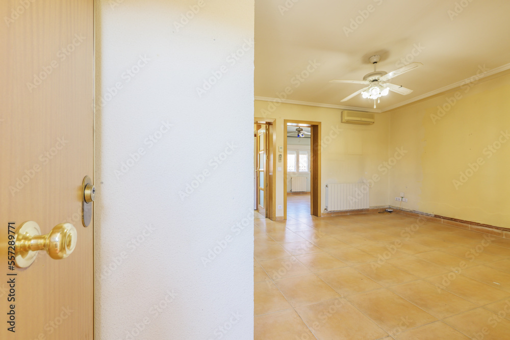 Obraz premium Hall of a house with armored door and access to an empty living room with stoneware floors