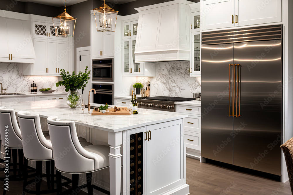a cozy white kitchen with large counters, an island, and premium
