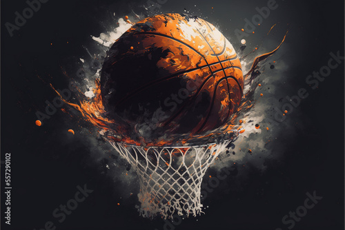 Painterly Flaming Basketball Ball Hoop Rim and Net Generative AI © Kelly Cree