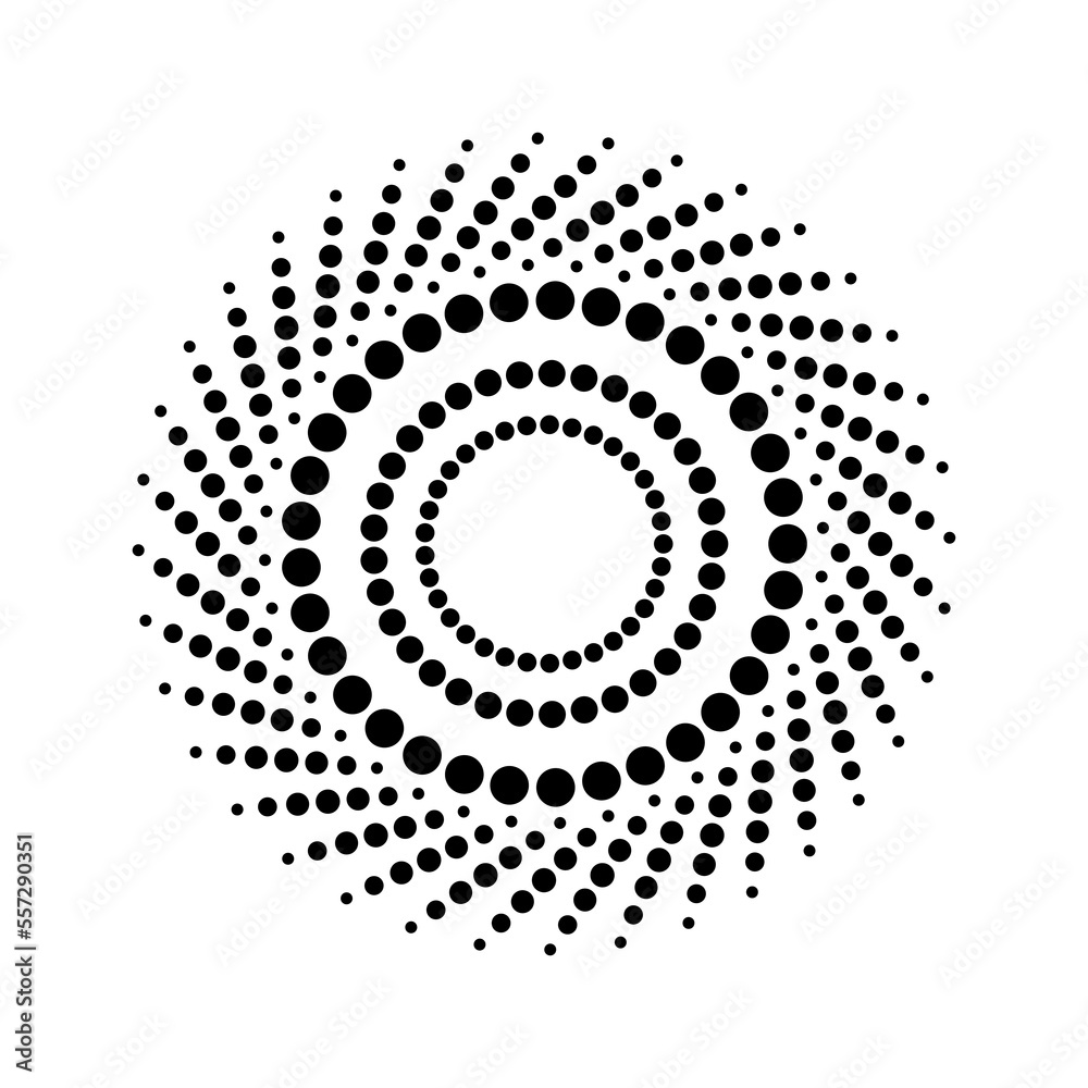 Black circular halftone dots. Concentric rotating circles.   Halftone dotted lines. Trendy element for posters, social media, logo, frames, promotion, flyer, covers, banners, backdrop