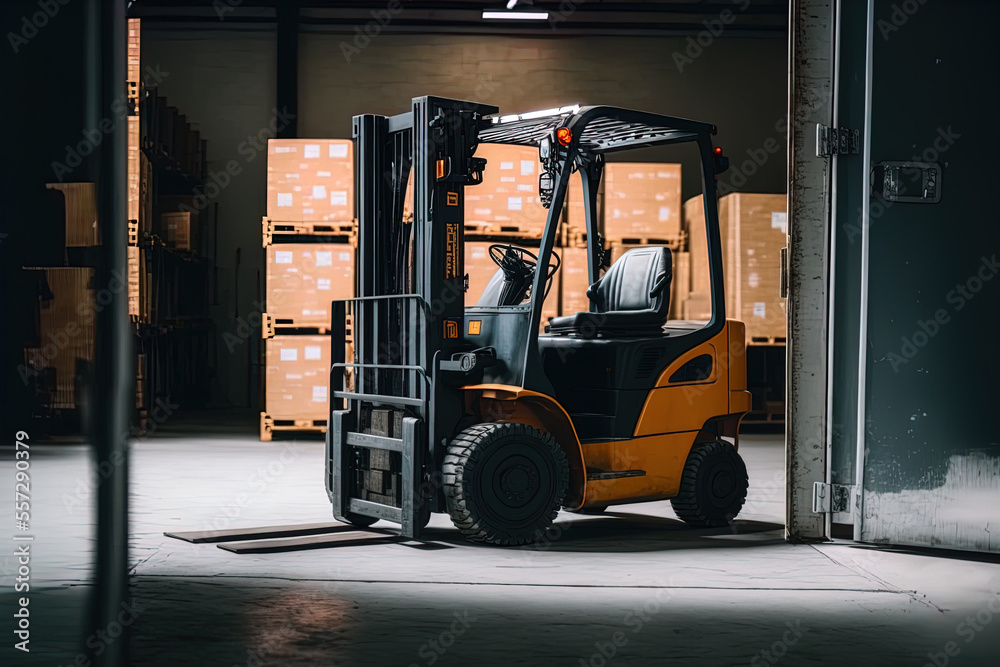 Naklejka premium Forklift in warehouse is empty. Generative AI