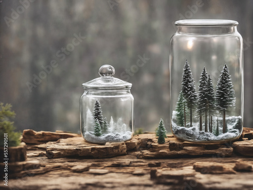 Snowy winter microworld in a glass jar on a wooden surface. Generative AI photo
