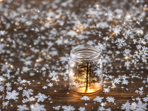 Snowy winter microworld in a glass jar on a wooden surface. Generative AI