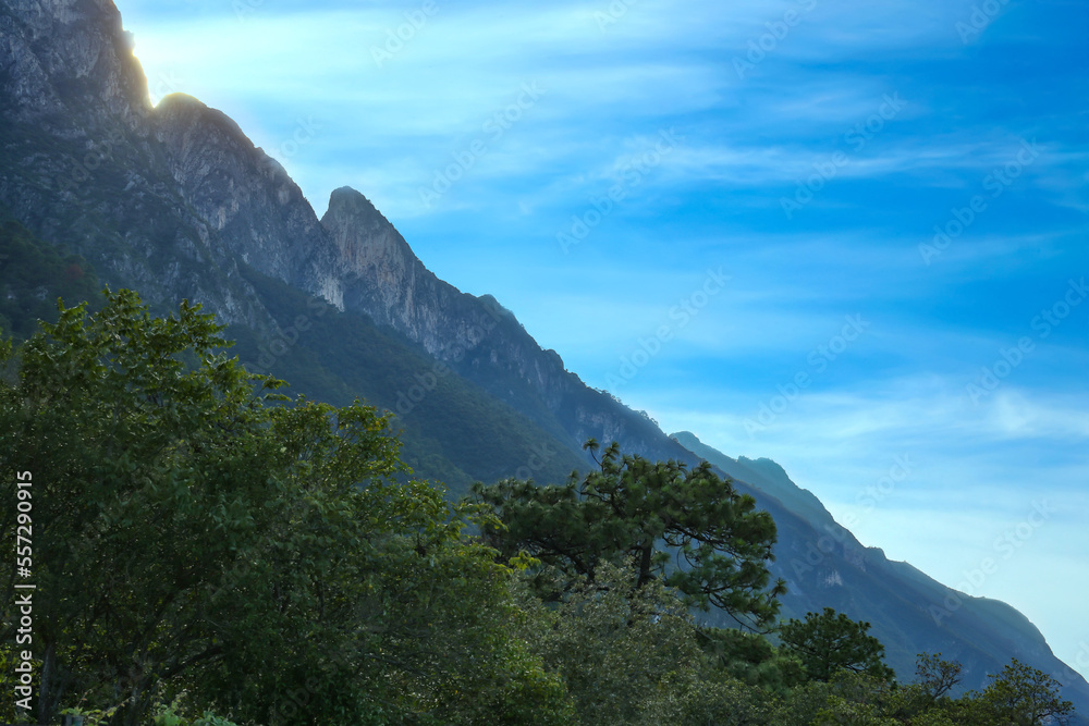 Big mountains and trees under blue sky on sunny day