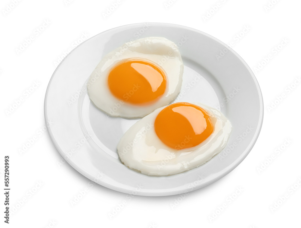 Plate with tasty fried eggs isolated on white Plate with tasty fried eggs isolated on white