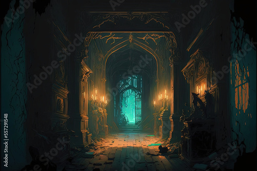 creepy interior of an abandoned building background  concept art  digital illustration  haunted house  scary interior  halloween background  Generative AI