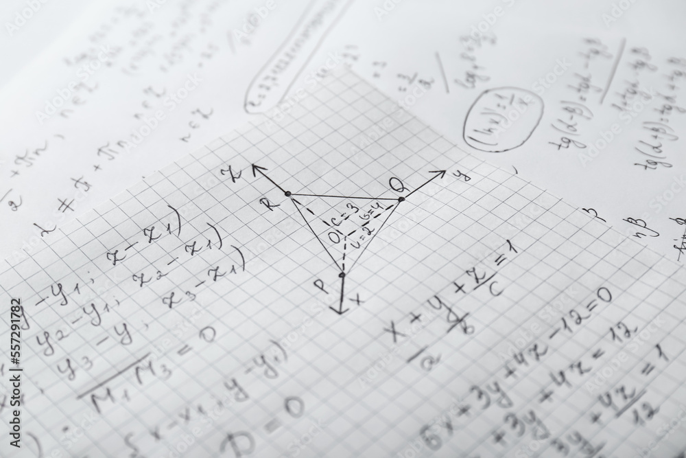 Sheets of paper with different mathematical formulas, closeup Sheets of paper with different mathematical formulas, closeup