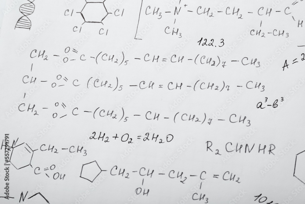Sheet of paper with many different chemical formulas Sheet of paper with many different chemical formulas