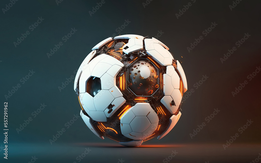 mechanical futuristic soccer ball or football explosion in white and black glossy material with