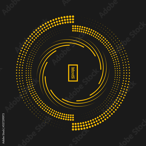 Yellow halftone dots and lines in circle form. Geometric art. Design element for border frame, round logo, blackout tattoo, sign, symbol, web pages, prints, template, pattern and abstract background