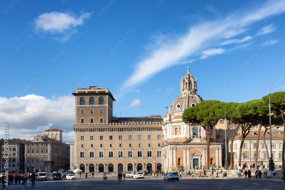 Historical buildings in Rome, Italy. Sunny cloudy day.