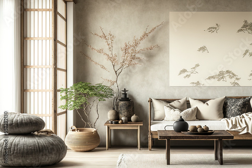 Japanese styled interior design for a home in white and beige tones, a living room with wabi sabi décor, a wall mockup. Generative AI photo