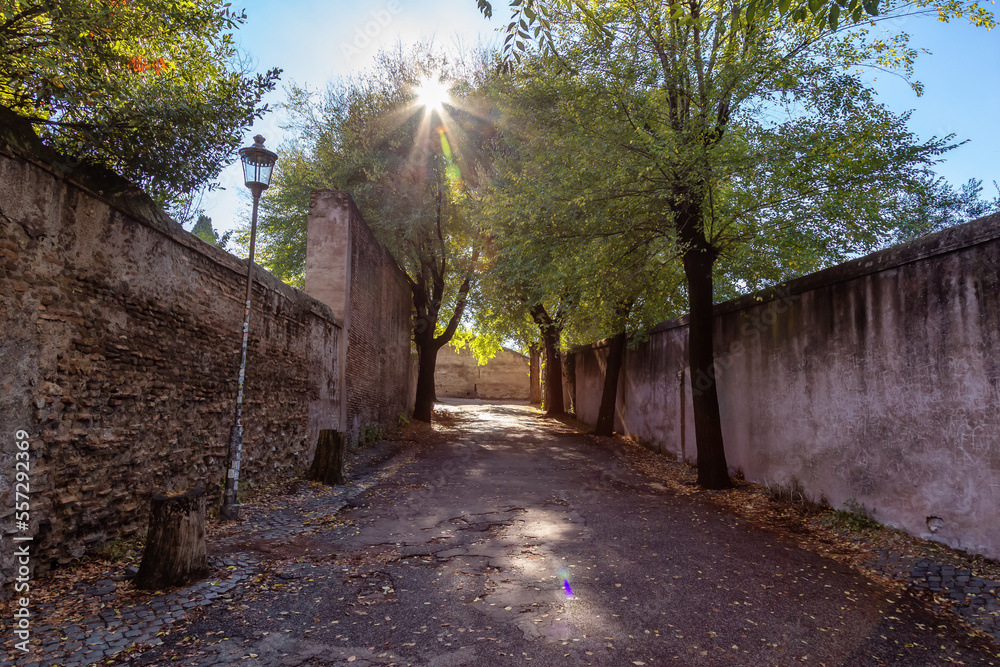 Naklejka premium Pathway in City Park. Brick Old Historic Walls. Rome, Italy. Sunny Day.