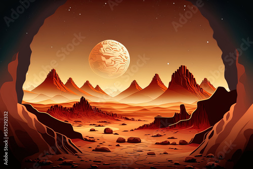 Illustration of the red planet's surface in space with mountains and stones. Generative AI