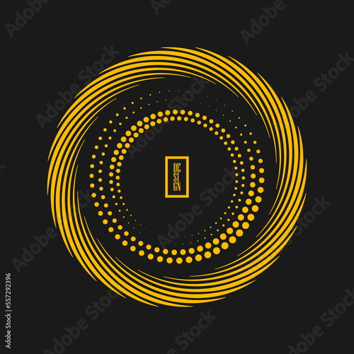 Yellow halftone dots and lines in circle form. Geometric art. Design element for border frame, round logo, blackout tattoo, sign, symbol, web pages, prints, template, pattern, backdrop