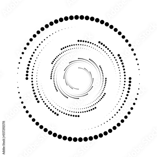 Black circular halftone dots. Concentric rotating circles.   Halftone dotted lines. Trendy element for posters  social media  logo  frames  promotion  flyer  covers  banners  backdrop