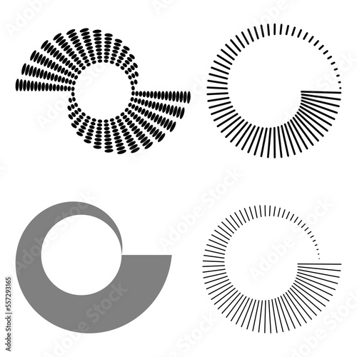 Set of circular halftone dots and lines. Geometric art. Trendy design element for frame, technology logo, tattoo, sign, symbol, posters, social media, promotion, flyer, covers, web, prints