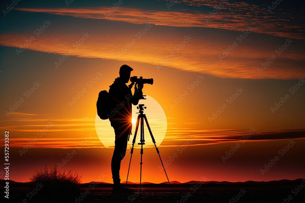 A person's silhouette against the gorgeous sky and sun, or the silhouette of a guy holding a camera and a tripod against the backdrop of a sunset. Generative AI