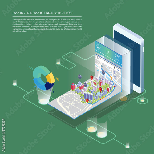 Isometric plan with buildings on smart phone and  Map location on mobile application. 3d vector illustration. EPS 10