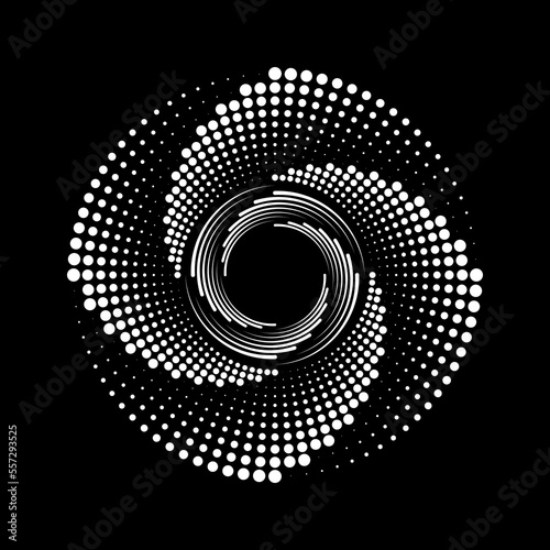 Abstract white lines and dots in spiral form. Geometric art. Design element for border frame, round logo, blackout tattoo, sign, symbol, social media, prints, template, pattern and abstract backdrop