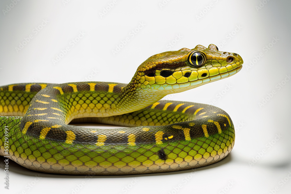 Young snake known as an anaconda (Eunectes murinus). On a white backdrop, alone. Generative AI Young snake known as an anaconda (Eunectes murinus). On a white backdrop, alone. Generative AI