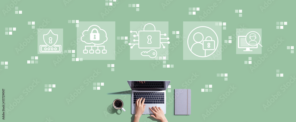 Fototapeta premium Data Security concept with person working with a laptop