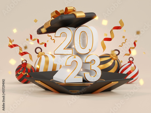 2023 Merry Christmas and Happy New Year background. Realistic gift box and Golden metal  Christmas and Happy new year - 3D rendering